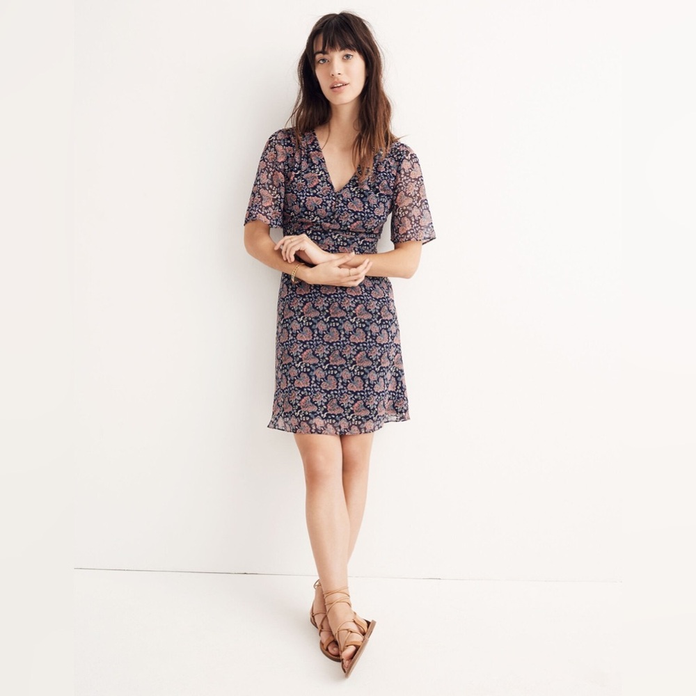 Madewell Orchard Flutter-Sleeve Dress in Fan Floral Mix Blue Women’s 2 XS